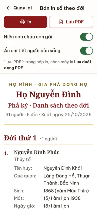 Trang in sổ gia phả: phả ký và đời thứ nhất